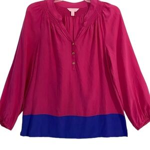 Lilly Pulitzer Elsa Long Sleeve Silk Shirt Color Block Pink / Blue Medium